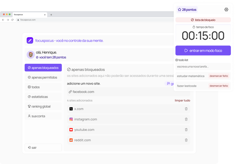 exemplo da tela de configurações do focuspocus