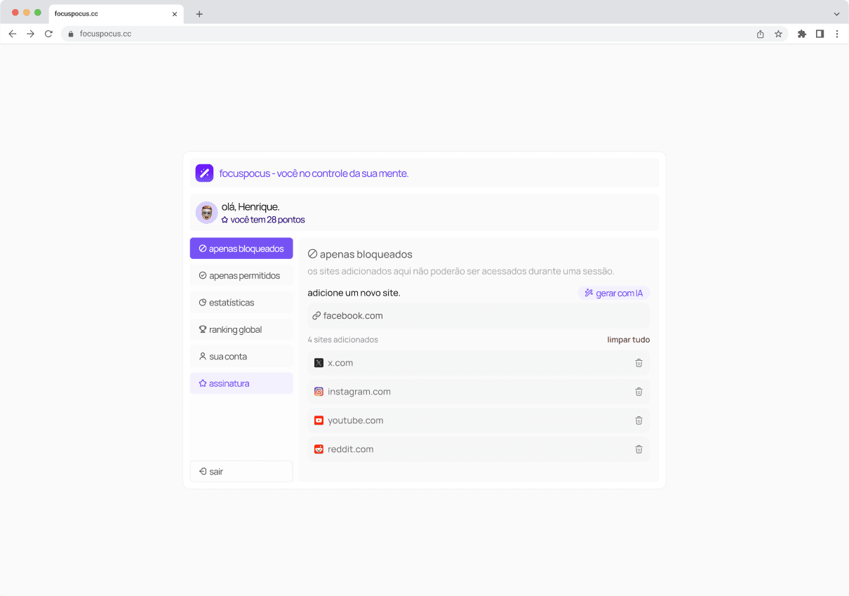 pagina de opções do focuspocus