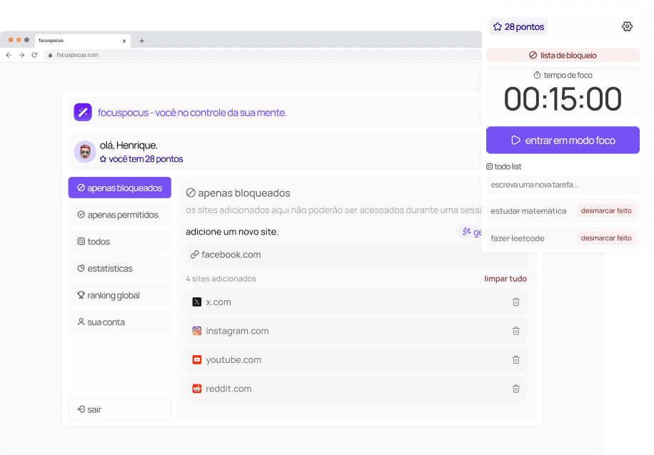 exemplo da tela de configurações do focuspocus